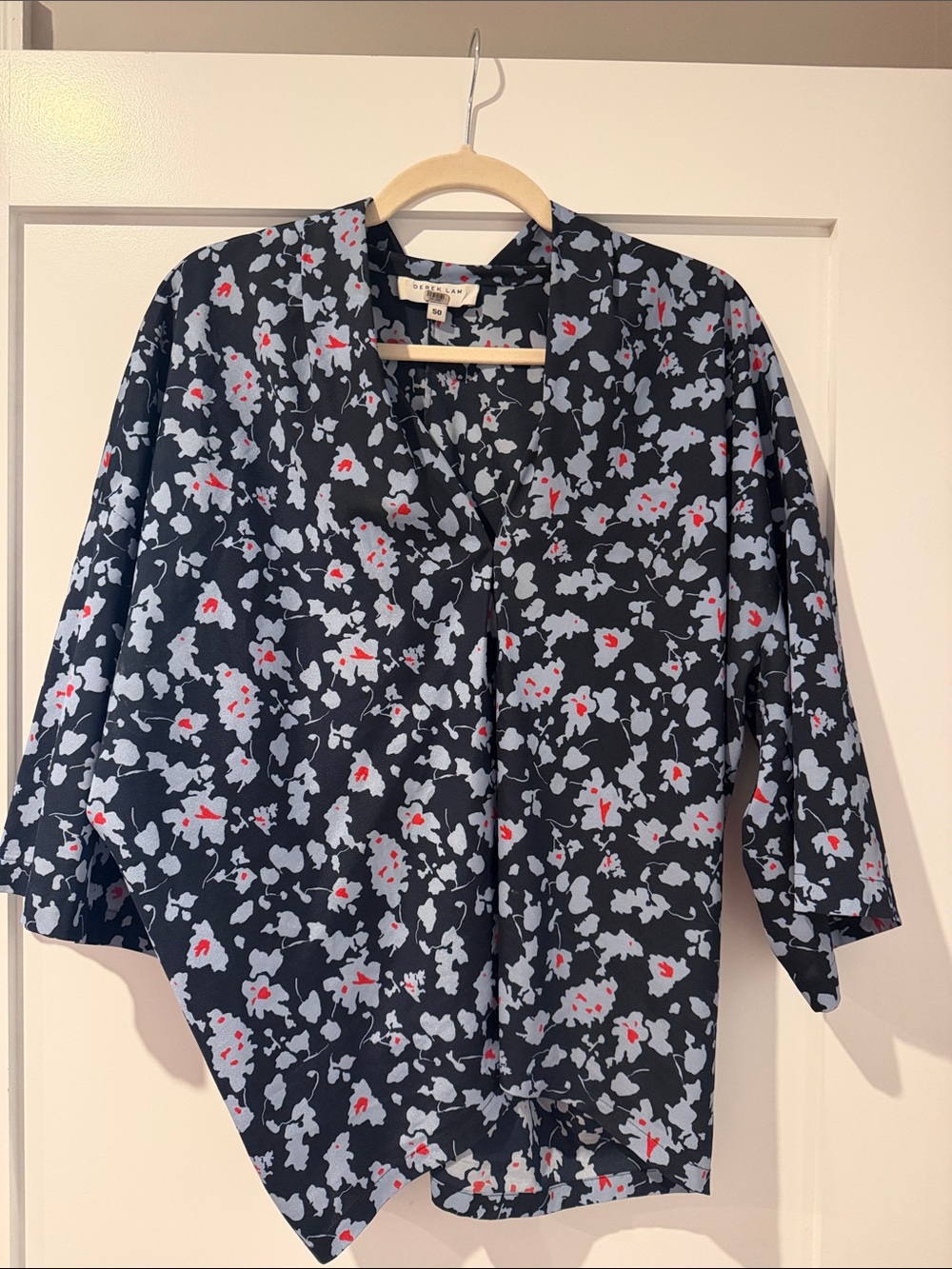 Derek Lam Navy Floral V-Neck Blouse with Light Blue and Red Print